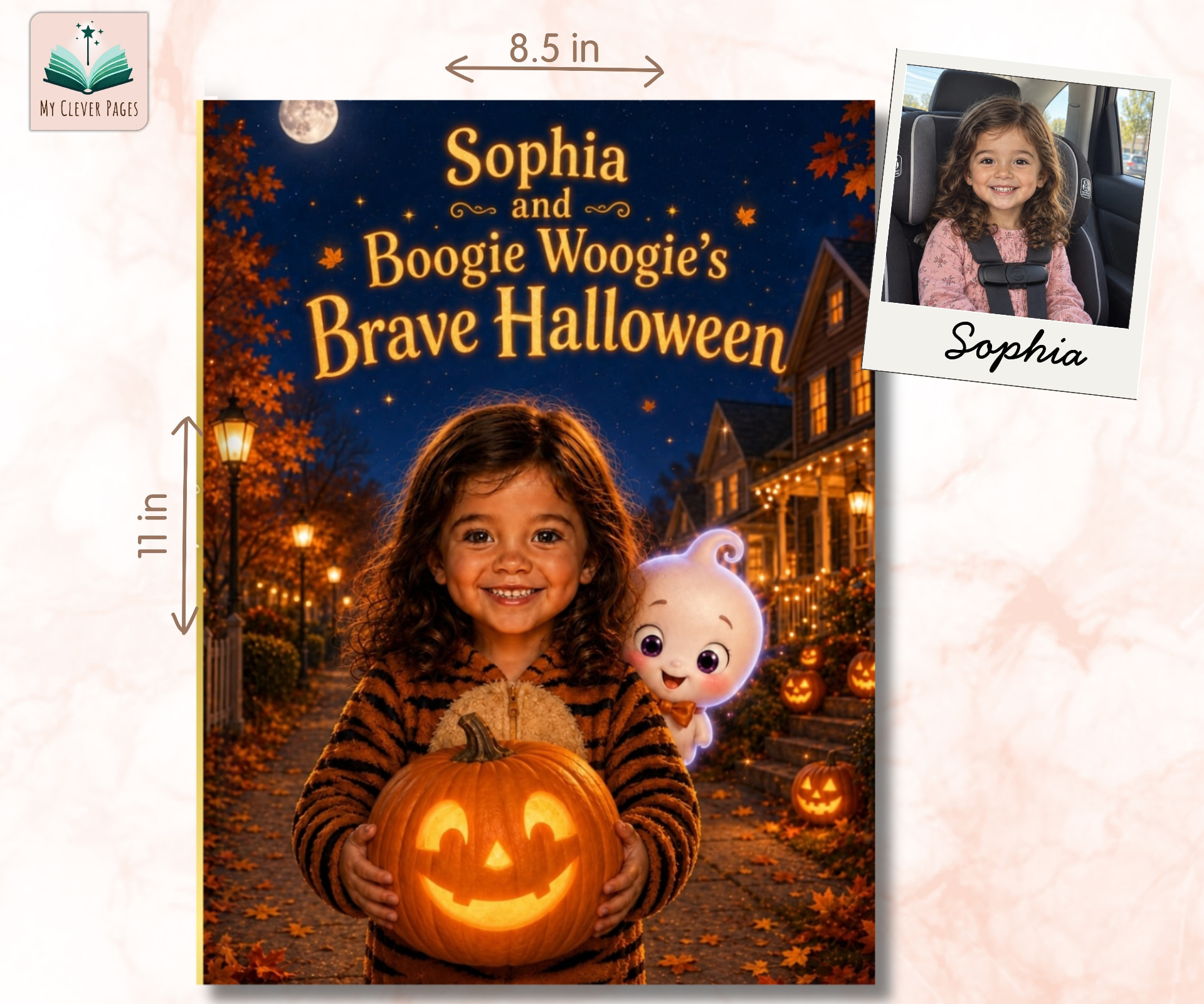 Personalized Halloween book cover with a child's photo and name, shown next to the child's real photo